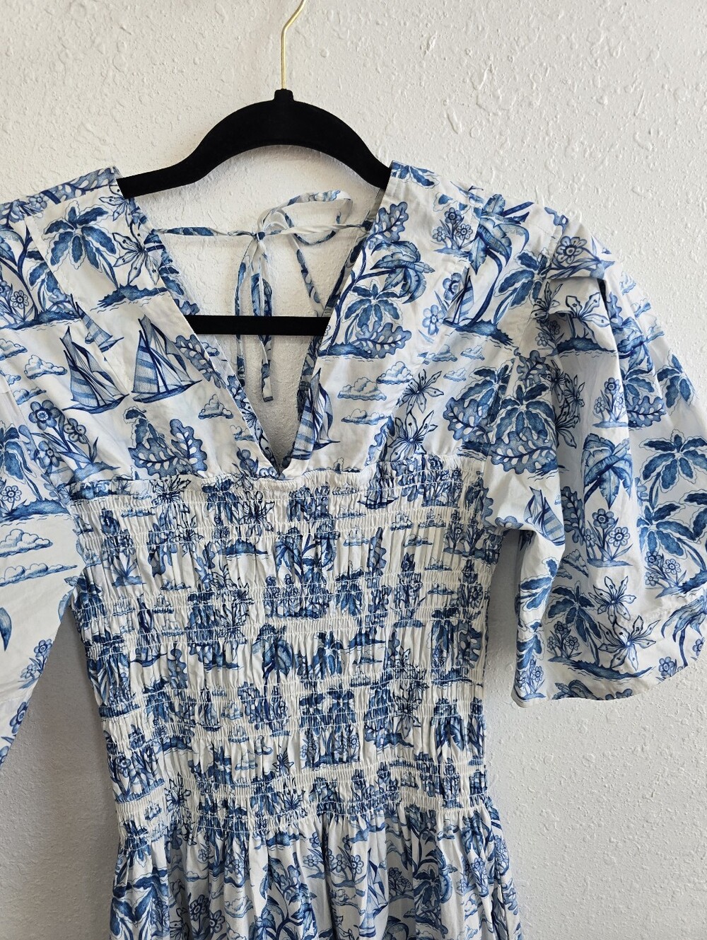 Jessie Zhao Leandra Blue Smocked V Neck Puff-Sleeve Midi Dress sz 2 - Picture 7 of 11